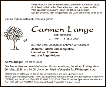 Traueranzeige von Carmen Lange von WLZ