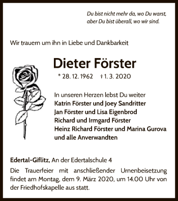 Traueranzeige von Dieter Förster von WLZ