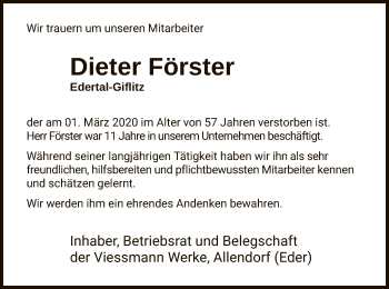 Traueranzeige von Dieter Förster von WLZ