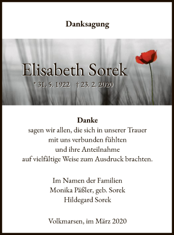 Traueranzeige von Elisabeth Sorek von WLZ