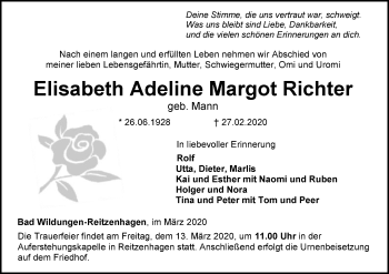 Traueranzeige von Elisabeth Adeline Margot Richter von WLZ