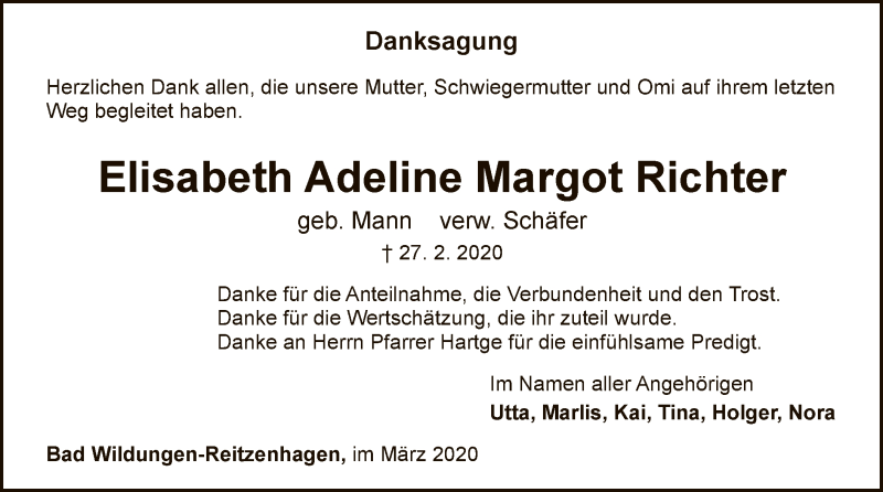  Traueranzeige für Elisabeth Adeline Margot Richter vom 28.03.2020 aus WLZ