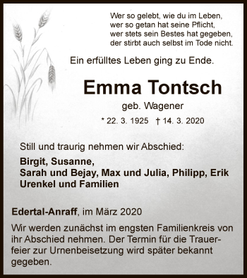Traueranzeige von Emma Tontsch von WLZ