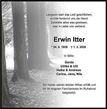 Traueranzeige von Erwin Itter von WLZ