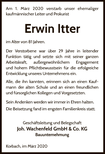 Traueranzeige von Erwin Itter von WLZ