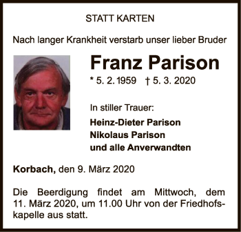 Traueranzeige von Franz Parison von WLZ