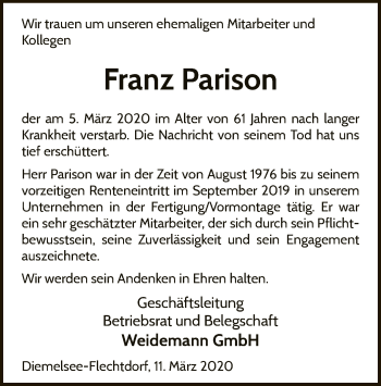 Traueranzeige von Franz Parison von WLZ