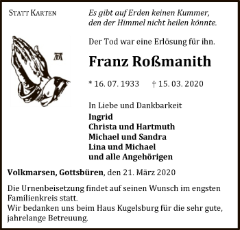 Traueranzeige von Franz Roßmanith von WLZ
