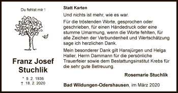 Traueranzeige von Franz Josef Stuchlik von WLZ