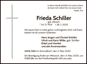 Traueranzeige von Frieda Schiller von WLZ