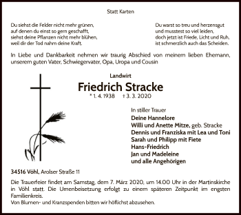 Traueranzeige von Friedrich Stracke von WLZ