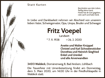 Traueranzeige von Fritz Voepel von WLZ