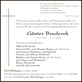 Traueranzeige von Günter Bruderek von WLZ