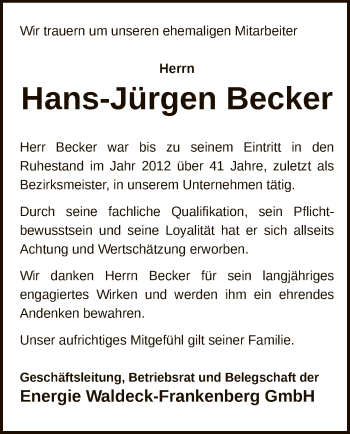 Traueranzeige von Hans-Jürgen Becker von WLZ