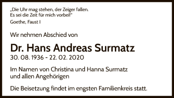 Traueranzeige von Hans Andreas Surmatz von WLZ