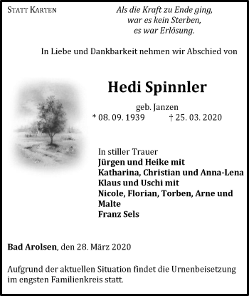 Traueranzeige von Hedi Spinnler von WLZ