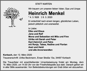 Traueranzeige von Heinrich Menkel von WLZ
