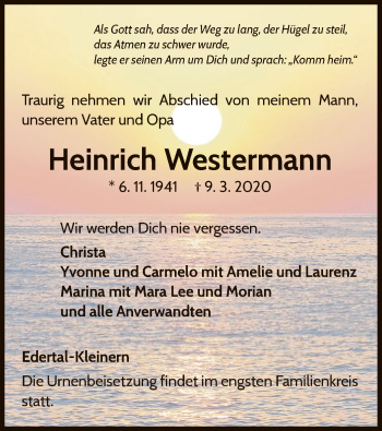 Traueranzeige von Heinrich Westermann von WLZ