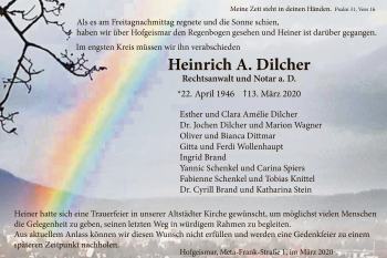 Traueranzeige von Heinrich A. Dilcher von WLZ