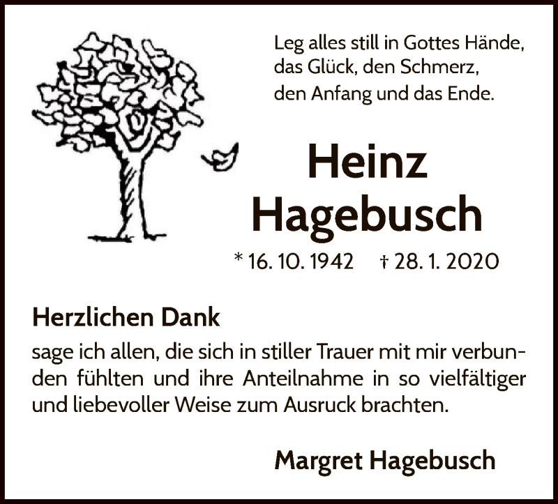  Traueranzeige für Heinz Hagebusch vom 07.03.2020 aus WLZ