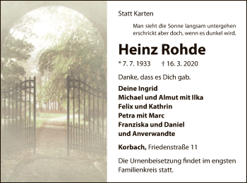Traueranzeige von Heinz Rohde von WLZ