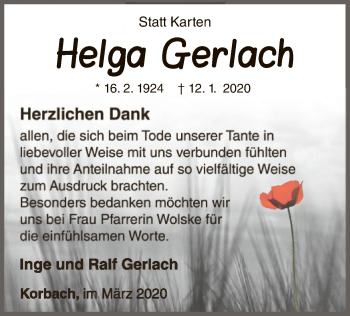 Traueranzeige von Helga Gerlach von WLZ