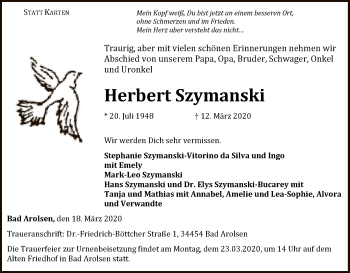 Traueranzeige von Herbert Szymanski von WLZ