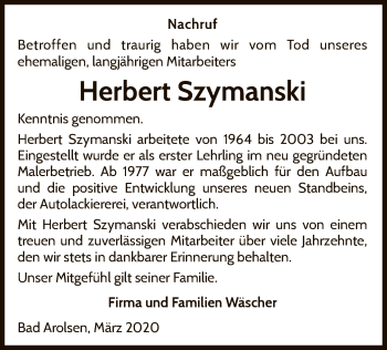 Traueranzeige von Herbert Szymanski von WLZ