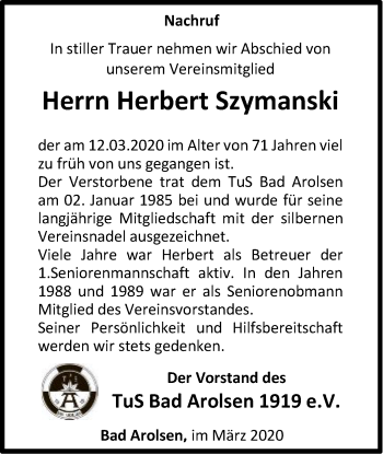 Traueranzeige von Herbert Szymanski von WLZ