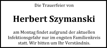 Traueranzeige von Herbert Szymanski von WLZ