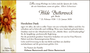 Traueranzeige von Hilde Butterweck von WLZ