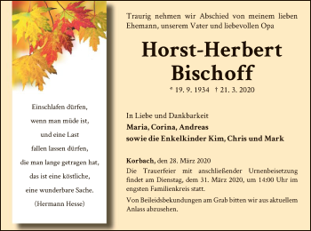 Traueranzeige von Horst-Herbert Bischoff von WLZ