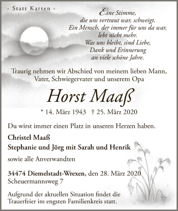 Traueranzeige von Horst Maaß von WLZ