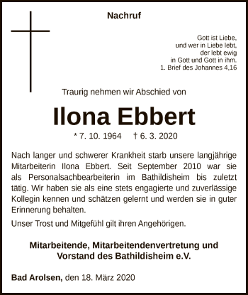 Traueranzeige von Ilona Ebbert von WLZ