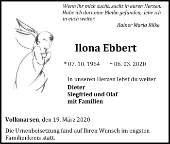 Traueranzeige von Ilona Ebbert von WLZ