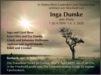 Traueranzeige von Inga Dumke von WLZ