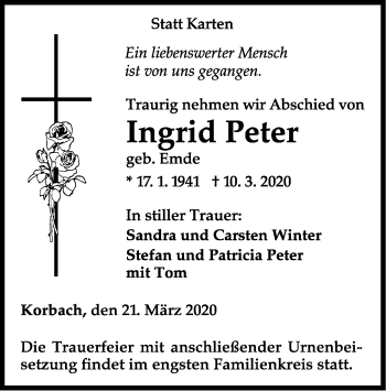 Traueranzeige von Ingrid Peter von WLZ