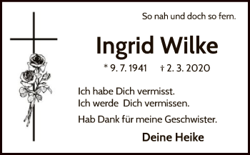 Traueranzeige von Ingrid Wilke von WLZ