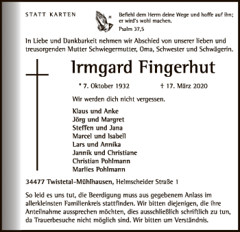 Traueranzeige von Irmgard Fingerhut von WLZ