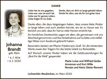 Traueranzeige von Johanna Brandt von WLZ