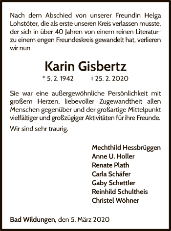 Traueranzeige von Karin Gisbertz von WLZ