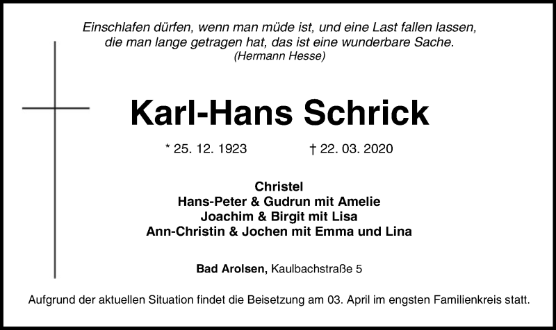  Traueranzeige für Karl-Hans Schrick vom 28.03.2020 aus WLZ