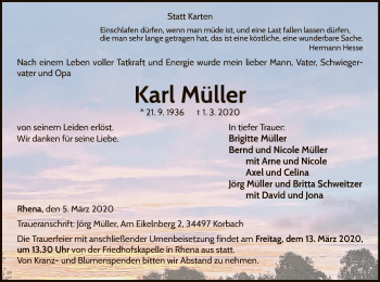 Traueranzeige von Karl Müller von WLZ