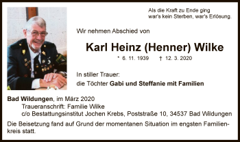 Traueranzeige von Karl Heinz Wilke von WLZ