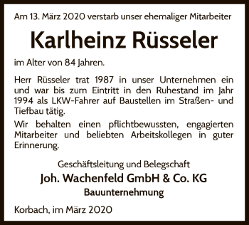 Traueranzeige von Karlheinz Rüsseler von WLZ