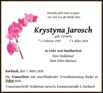 Traueranzeige von Krystyna Jarosch von WLZ