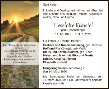 Traueranzeige von Lieselotte Künstel von WLZ