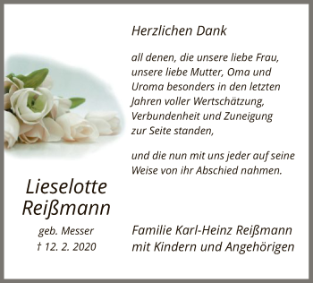 Traueranzeige von Lieselotte Reißmann von WLZ