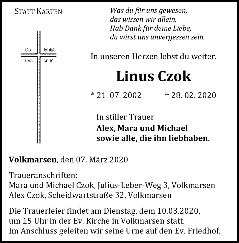  Traueranzeige für Linus Czok vom 07.03.2020 aus WLZ