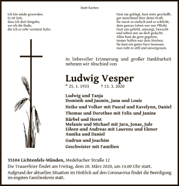 Traueranzeige von Ludwig Vesper von WLZ
